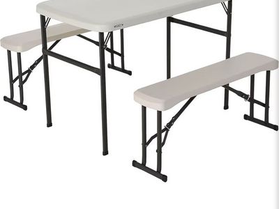 Lifetime Portable Folding Camping RV Picnic Table & Bench Set, Almond