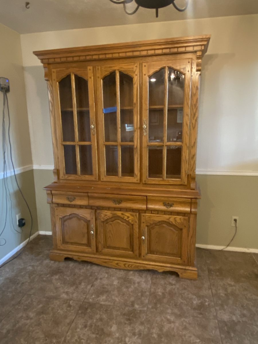 Large Wooden Oak Hutch with Glass Doors and Lower Storage Cabinets