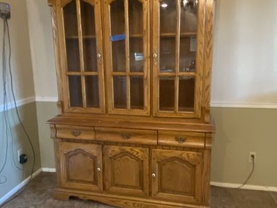 Large Wooden Oak Hutch with Glass Doors and Lower Storage Cabinets