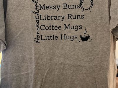 Homeschool Mom Life T-Shirt - Messy Buns, Library Runs, Coffee, Hugs - Gray, Adult Large