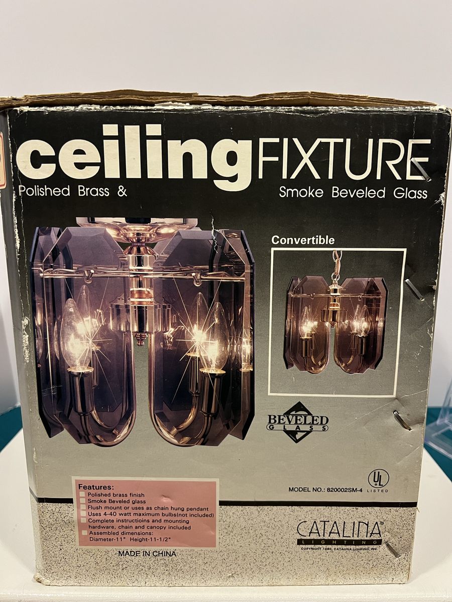 Vintage Catalina Lighting Polished Brass & Smoke Beveled Glass Convertible Ceiling Fixture