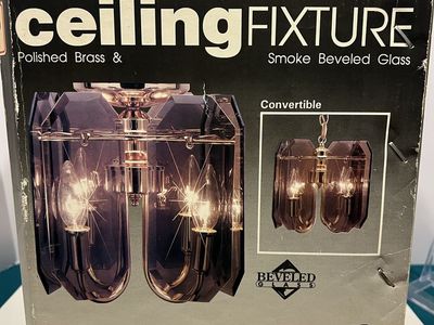 Vintage Catalina Lighting Polished Brass & Smoke Beveled Glass Convertible Ceiling Fixture