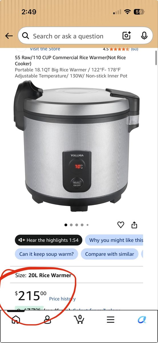 YOLLNIA Commercial Rice Warmer 20L 55 Raw / 110 Cup Portable Stainless Steel