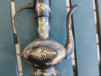 Vintage Brass Etched Black & Gold Decorative Ewer Pitcher Genie Lamp Style Decor