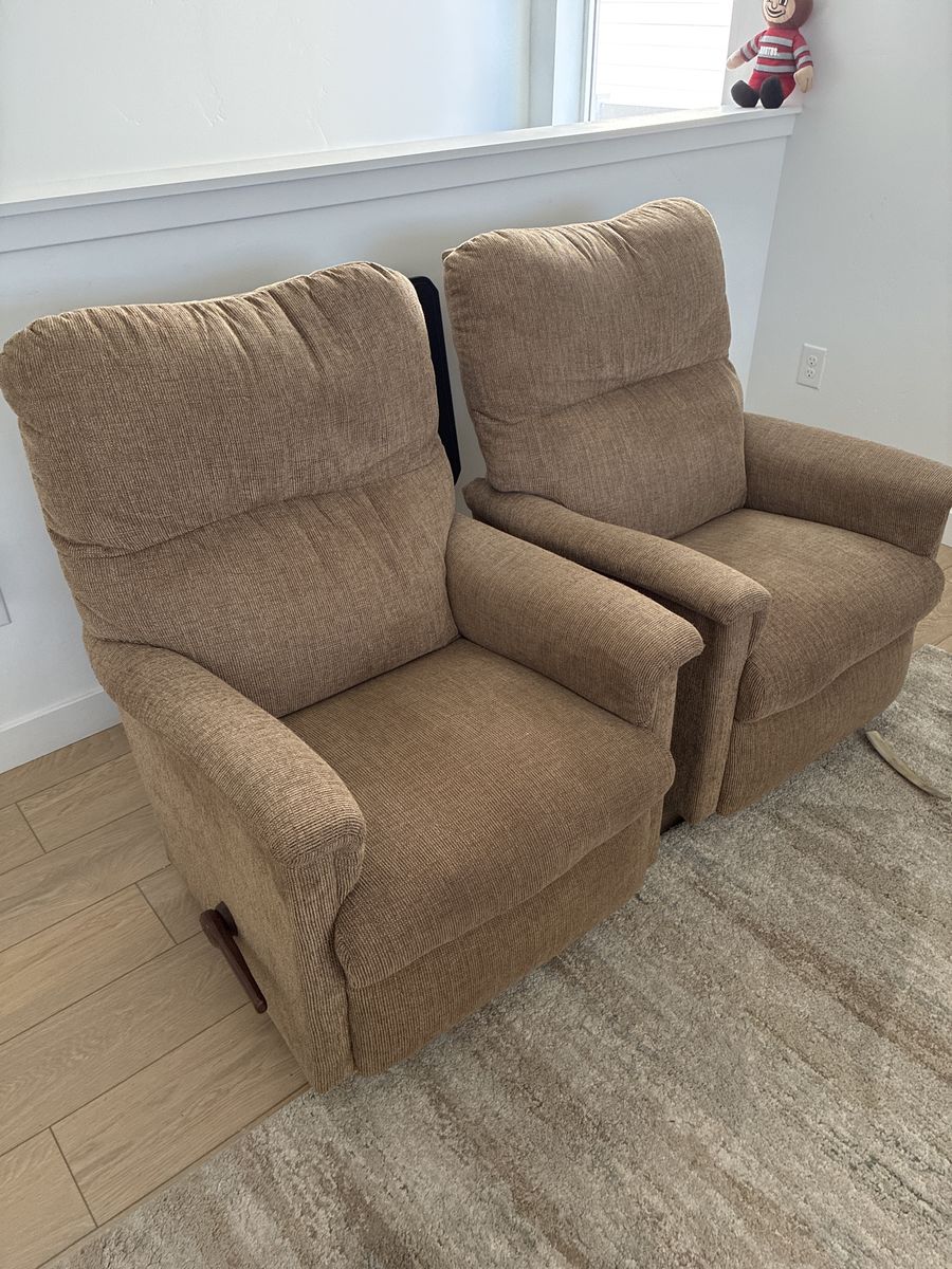 Pair of La-Z-Boy Recliners - Matching Tan Fabric Armchairs with Reclining Handle