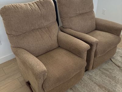Pair of La-Z-Boy Recliners - Matching Tan Fabric Armchairs with Reclining Handle