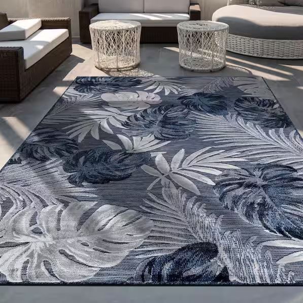 NEW! Bloom Navy Blue 10’ x 14’ Leaf Tropical Botanical Indoor/Outdoor Area Rug