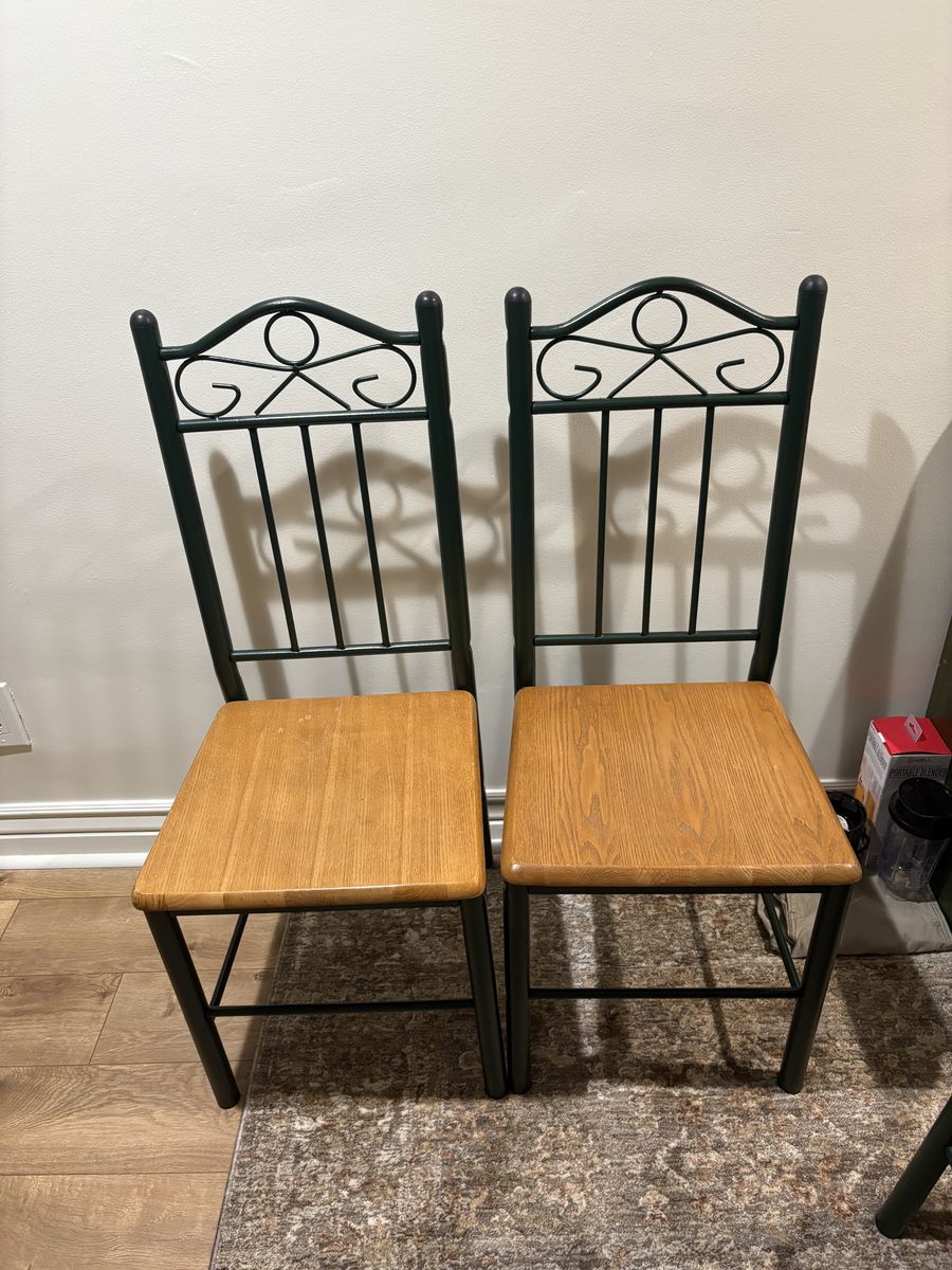 2 Green Metal and Oak chairs