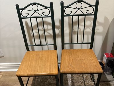 2 Green Metal and Oak chairs