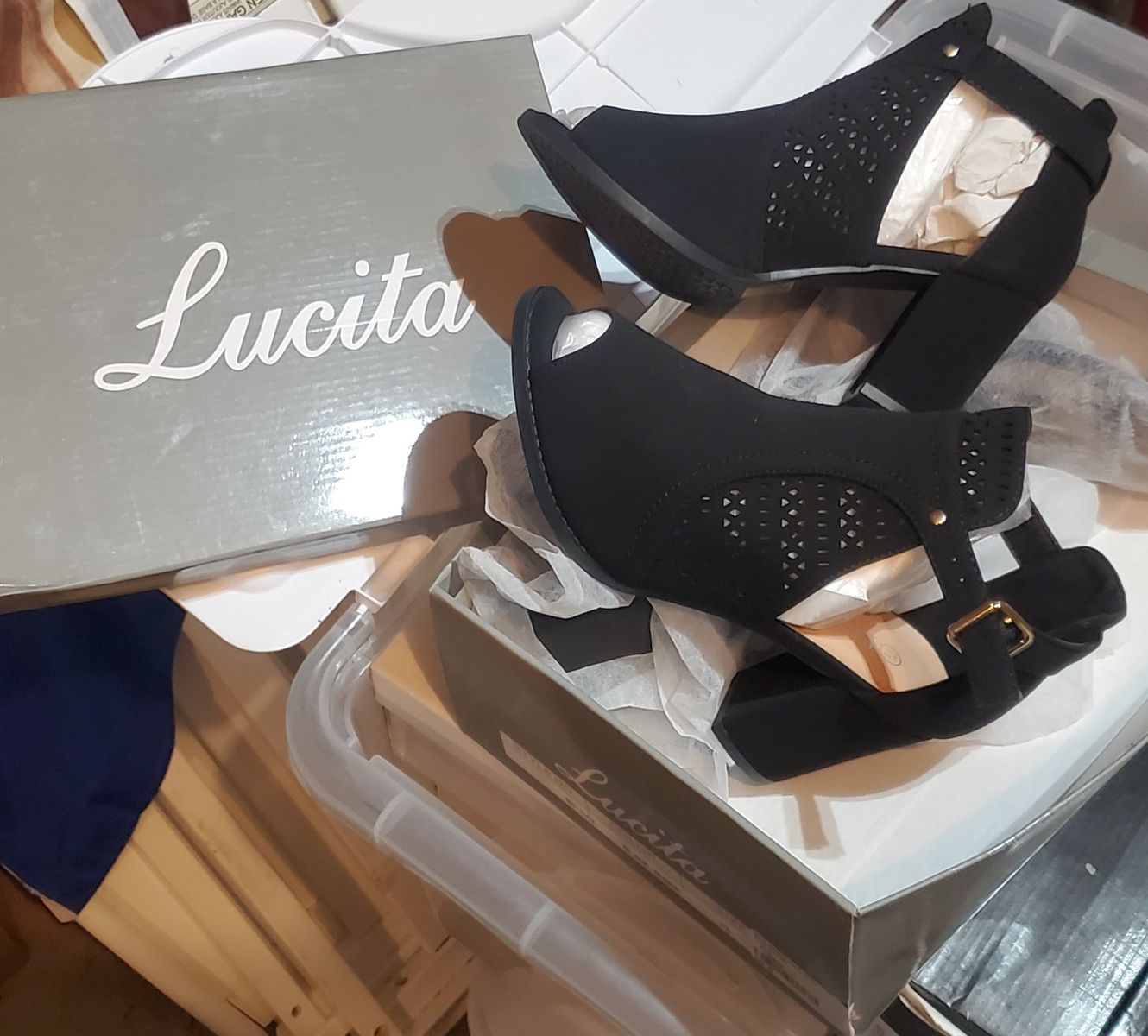 Lucita Black Nubick Peep Toe Block Heel Booties Size 7.5