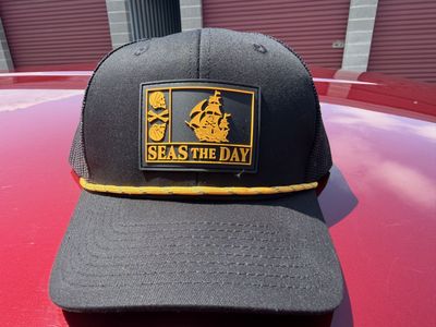 "Seas the Day" Black Trucker Hat with Pirate Ship Patch & Rope - Adjustable