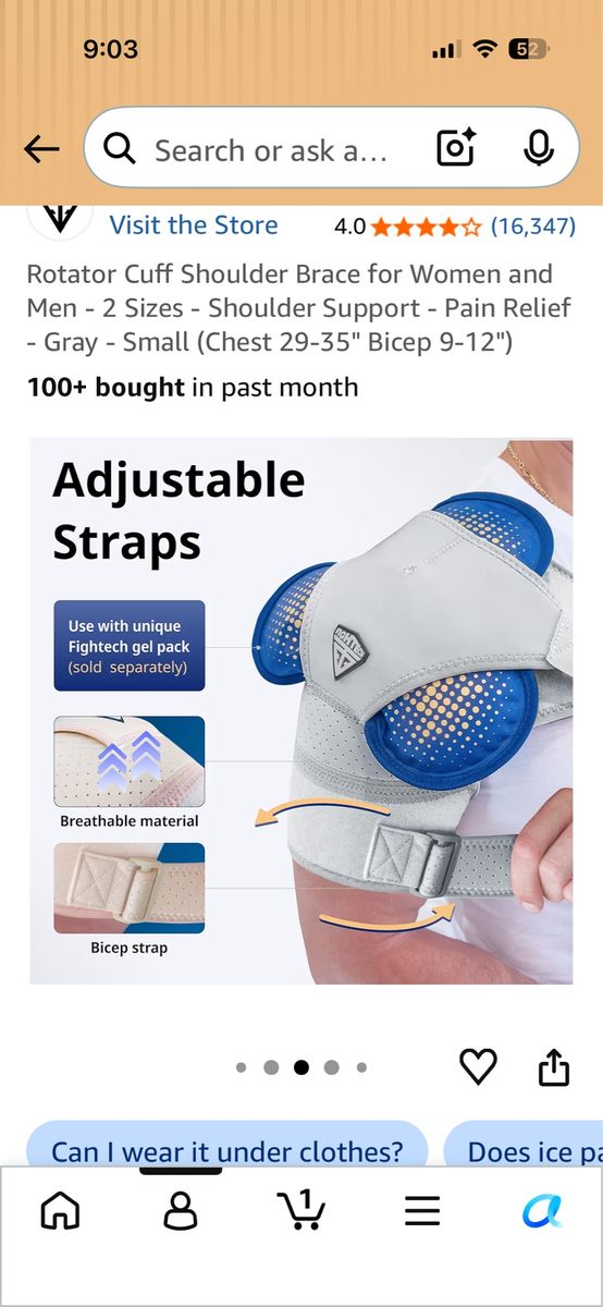 Rotator Cuff Shoulder Brace size small and 2 ice packs that fit in the brace
