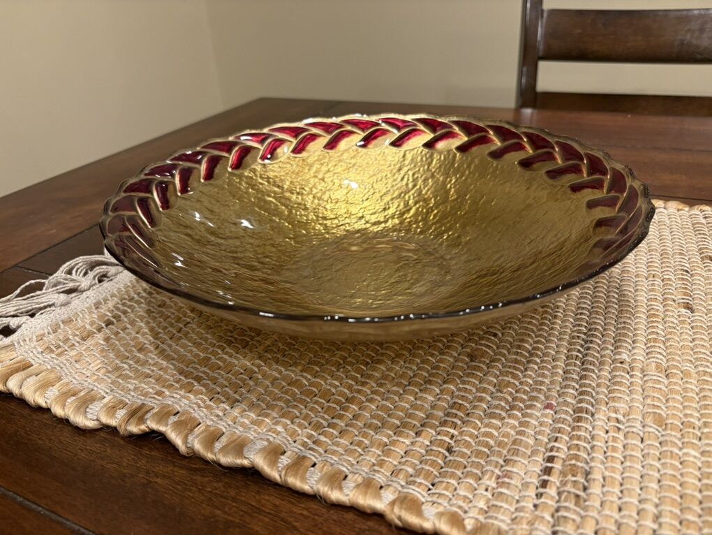 Vietri Gold W/Red Laurel Glass Bowl Made In Turkey