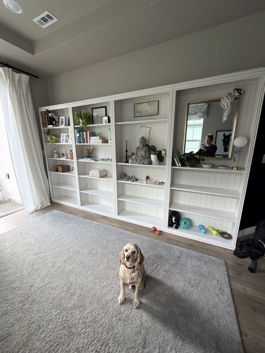 White Wood Bookcases with Beadboard Backing and Multiple Adjustable Shelves