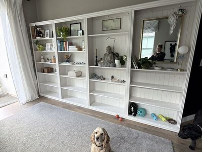 White Wood Bookcases with Beadboard Backing and Multiple Adjustable Shelves