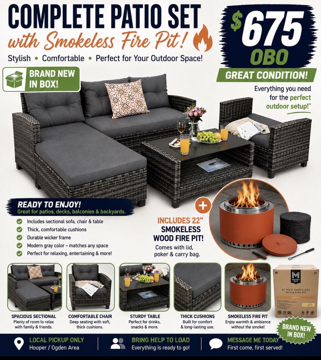 Brand New Patio Furniture Set with Sectional, Chair, Table & 22" Smokeless Wood Fire Pit