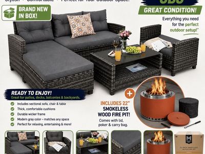 Brand New Patio Furniture Set with Sectional, Chair, Table & 22" Smokeless Wood Fire Pit