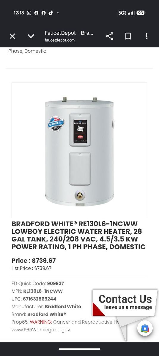 Bradford White RE130L6-1NCWW Lowboy Electric Water Heater, 28 Gal, 240/208 VAC, 4.5/3.5 kW