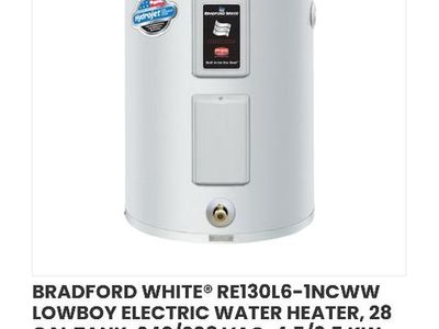 Bradford White RE130L6-1NCWW Lowboy Electric Water Heater, 28 Gal, 240/208 VAC, 4.5/3.5 kW