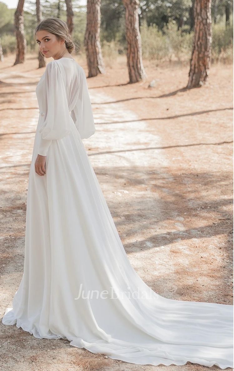New June Bridals Wedding Dress Size 4 Long Sleeve Flowy Train