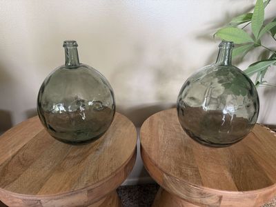 Set of 2 Green Textured Glass Jugs / Demijohns - Boho, Nautical, Farmhouse, Rustic Home Decor