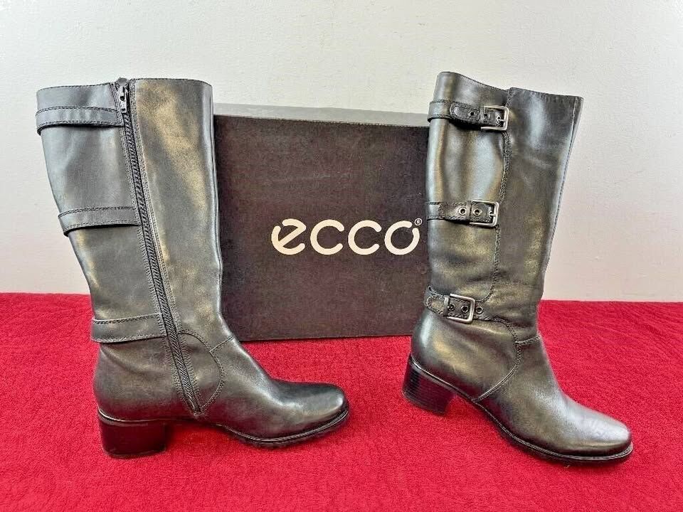 Ecco Womens Tall High Black Zip Leather Boots Wedge Heels US Size 7.5 Grunge Riding Biker Buckles