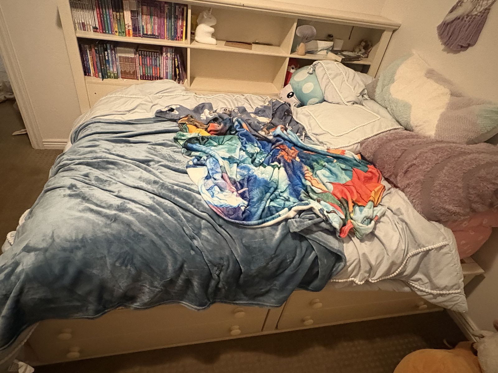Off-White Wooden Storage Full Bed Frame with Bookcase Headboard and Drawers
