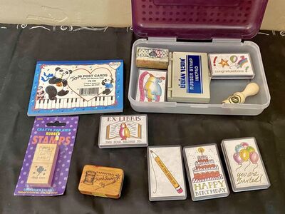 Great Stamp Set - Happy Birthday- Party Invite- Book Belongs To - Stamp Pad-Cards- And MORE See PICS