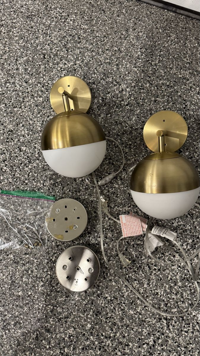 2 Modern Gold & White Glass Orb Wall Sconces - Plug-in or Hardwire Capable