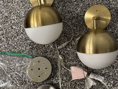 2 Modern Gold & White Glass Orb Wall Sconces - Plug-in or Hardwire Capable