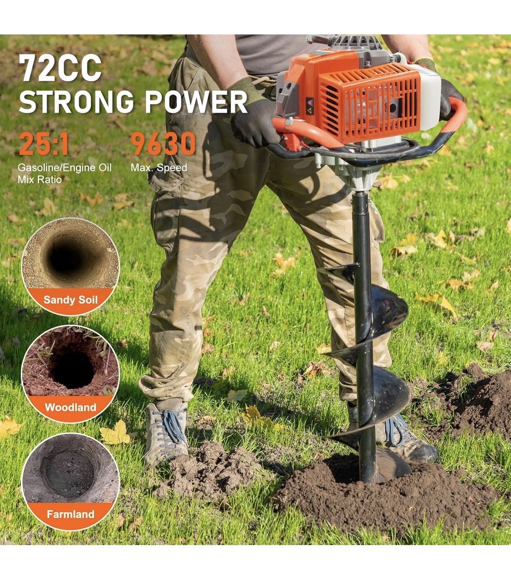 72CC Auger Post Hole Digger, 2 Stroke Gas Powered