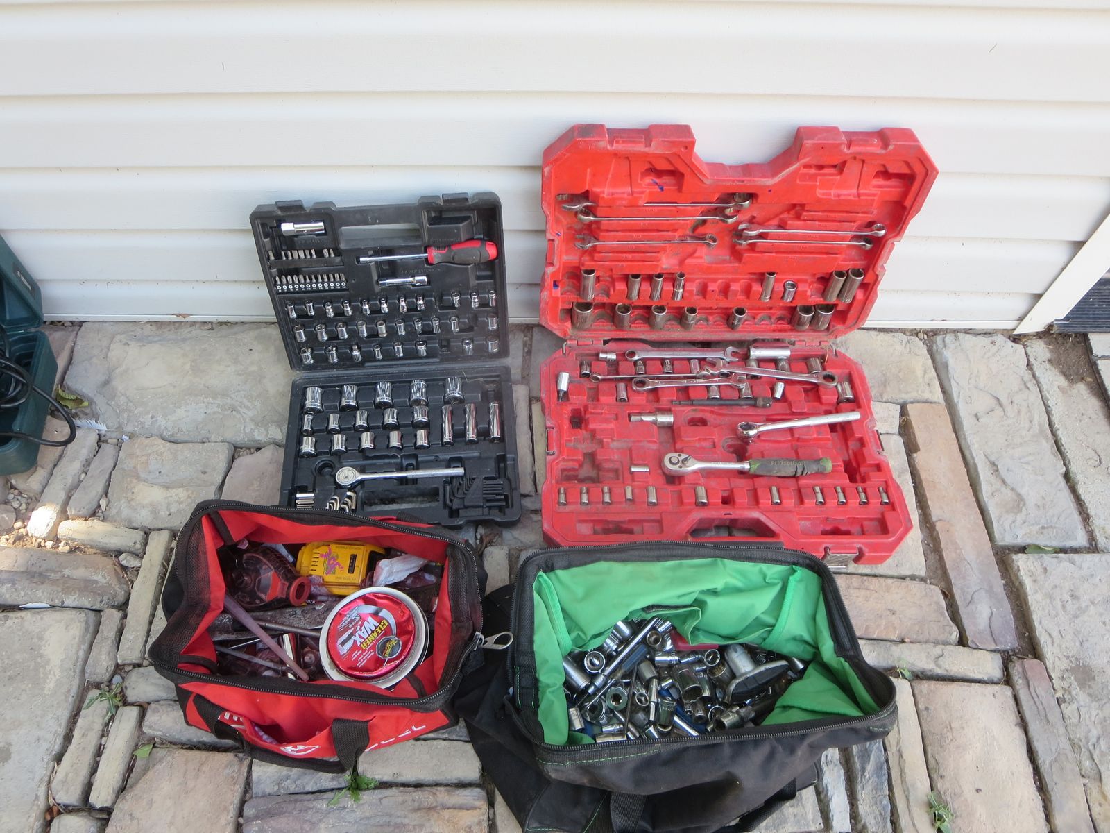Assorted Tool Lot: Socket Sets in Cases with Wrenches and Tool Bags