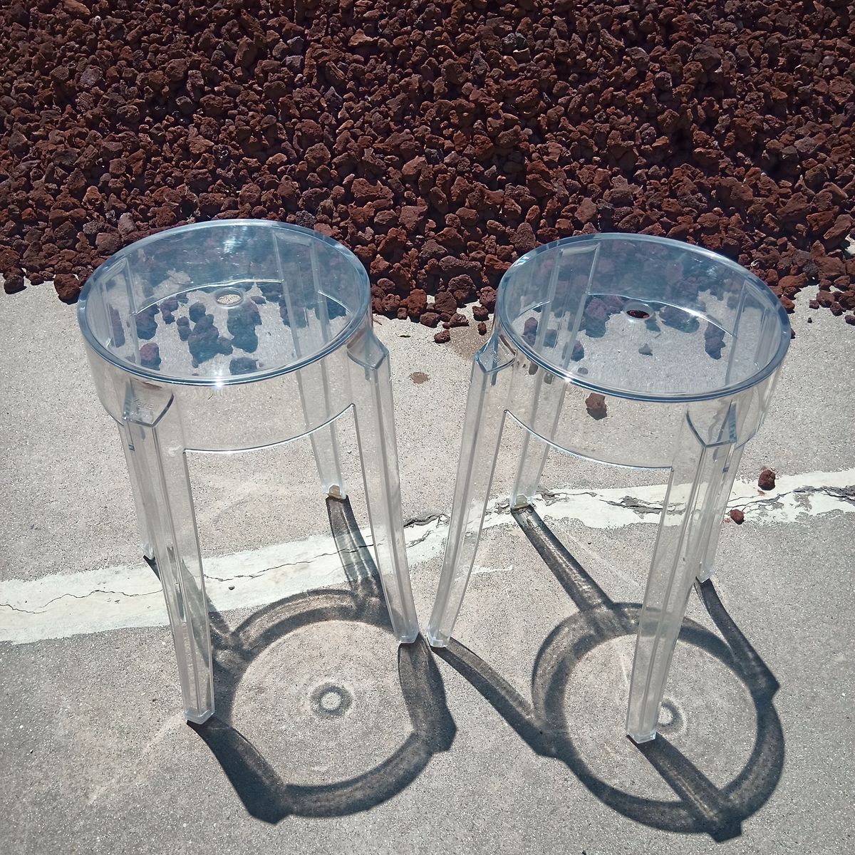 Pair of 'Charles Ghost' transparent acrylic stools by Phillipe Starck for Kartell