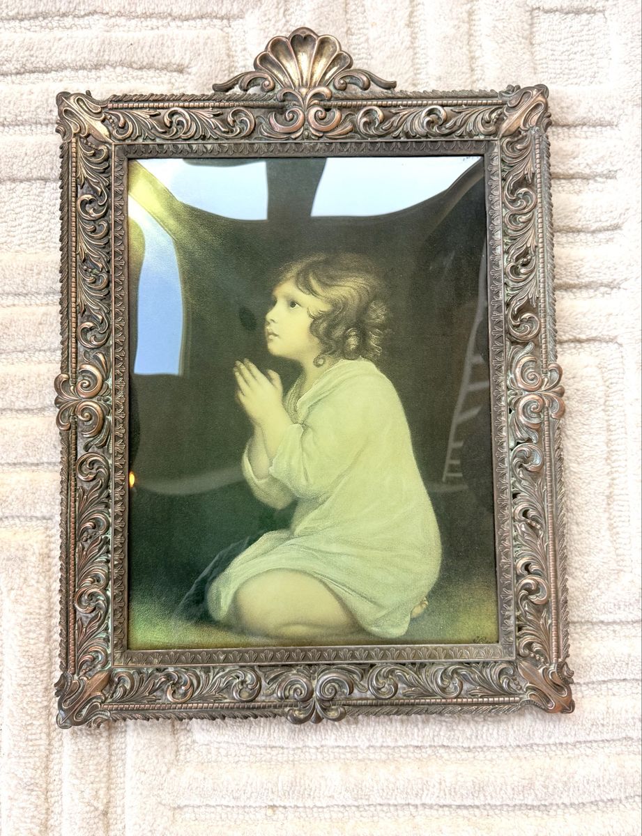 Vintage mid-century Italian framed print of The Infant Samuel,  by Sir Joshua Reynolds in 1776, featuring curved bubble glass.