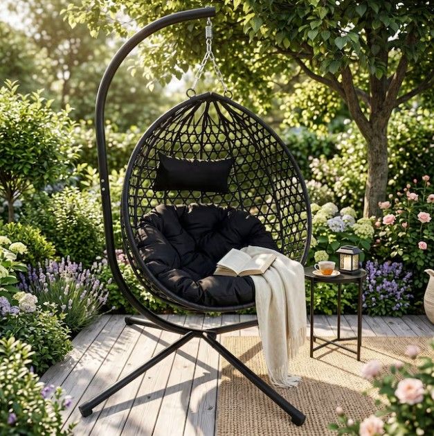 New in Box - YOSIMFUR Indoor/Outdoor Black Hanging Egg Chair with Stand and Comfort Cushion