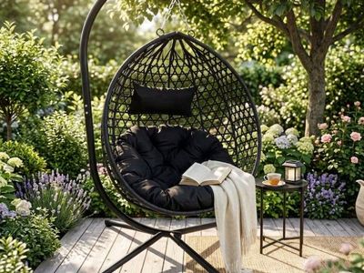 New in Box - YOSIMFUR Indoor/Outdoor Black Hanging Egg Chair with Stand and Comfort Cushion