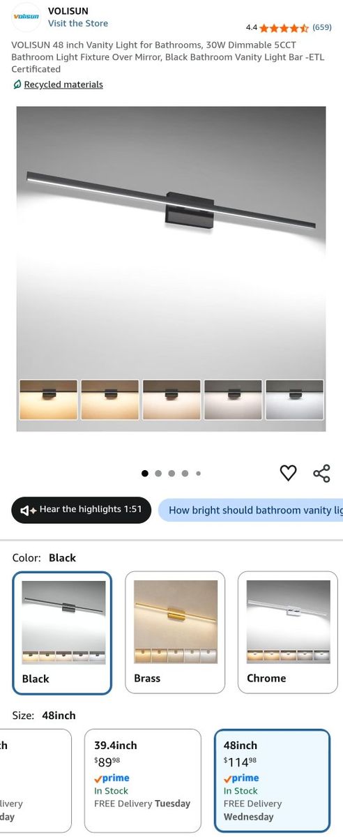VOLISUN 48-Inch Modern LED Vanity Light Fixture, Dimmable, Black Finish