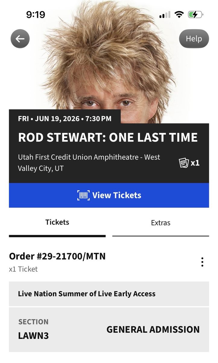 Rod Stewart: One Last Time Concert Ticket - June 19, 2026, West Valley City, UT One Lawn Seat for Tonight! Save $10!