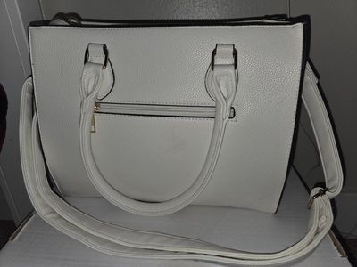 White Faux Leather Shoulder Bag with Top Handles and Adjustable Strap - Pre-owned