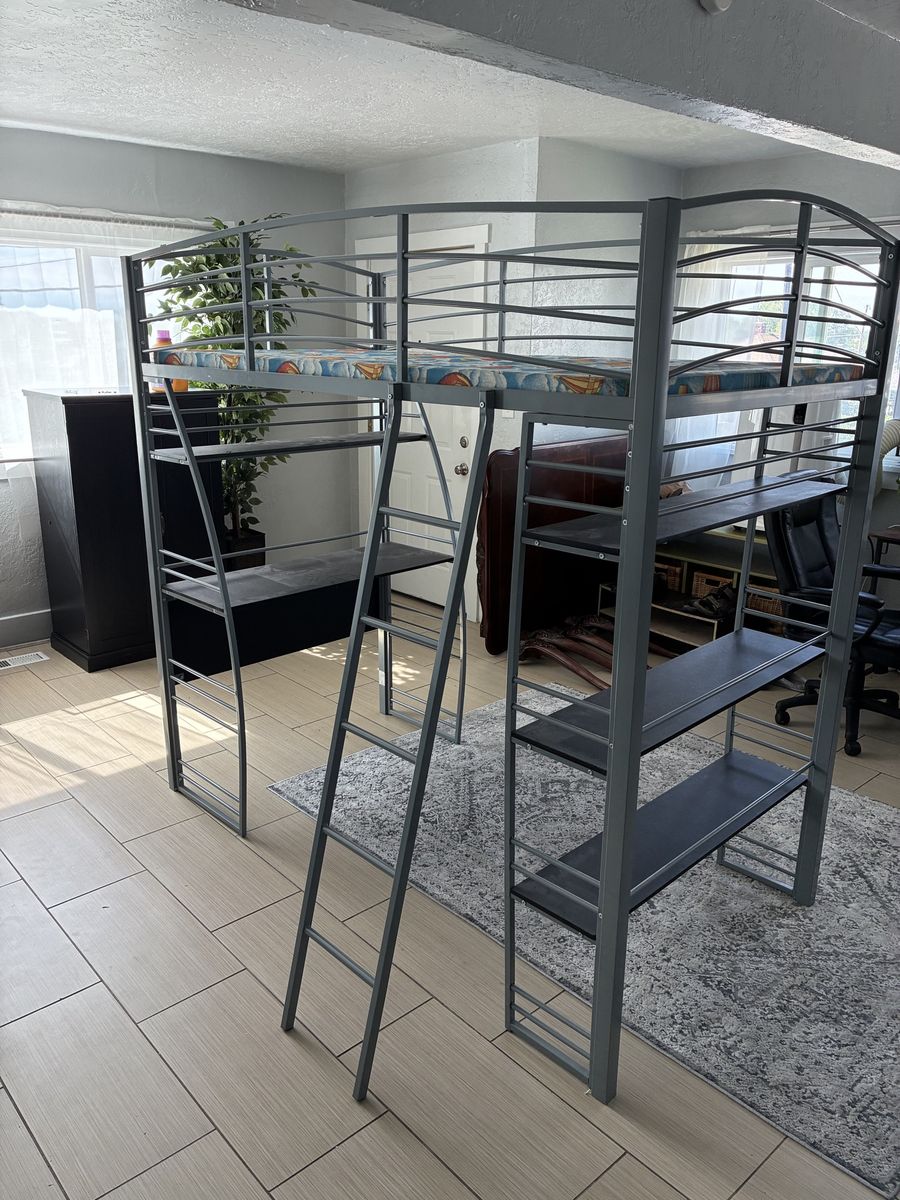 Metal Loft Bed with Desk and Shelves - Space-Saving Design