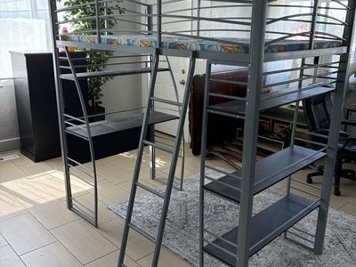 Metal Loft Bed with Desk and Shelves - Space-Saving Design