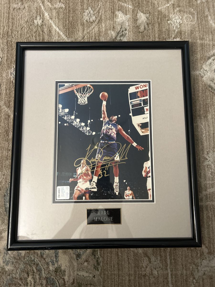 14.5 x 16.5 Hand Signed Karl Malone Autographed Framed & Matted Photo Utah Jazz #32 NBA & comes with COA.