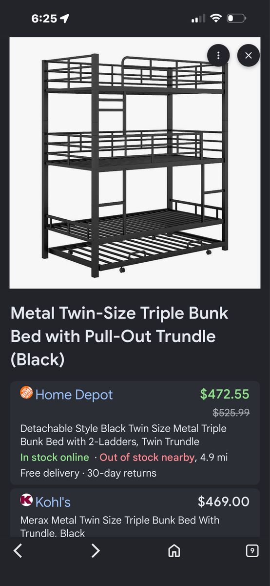 Merax Black Metal Twin Size Triple Bunk Bed with Pull-Out Trundle & 2 Ladders