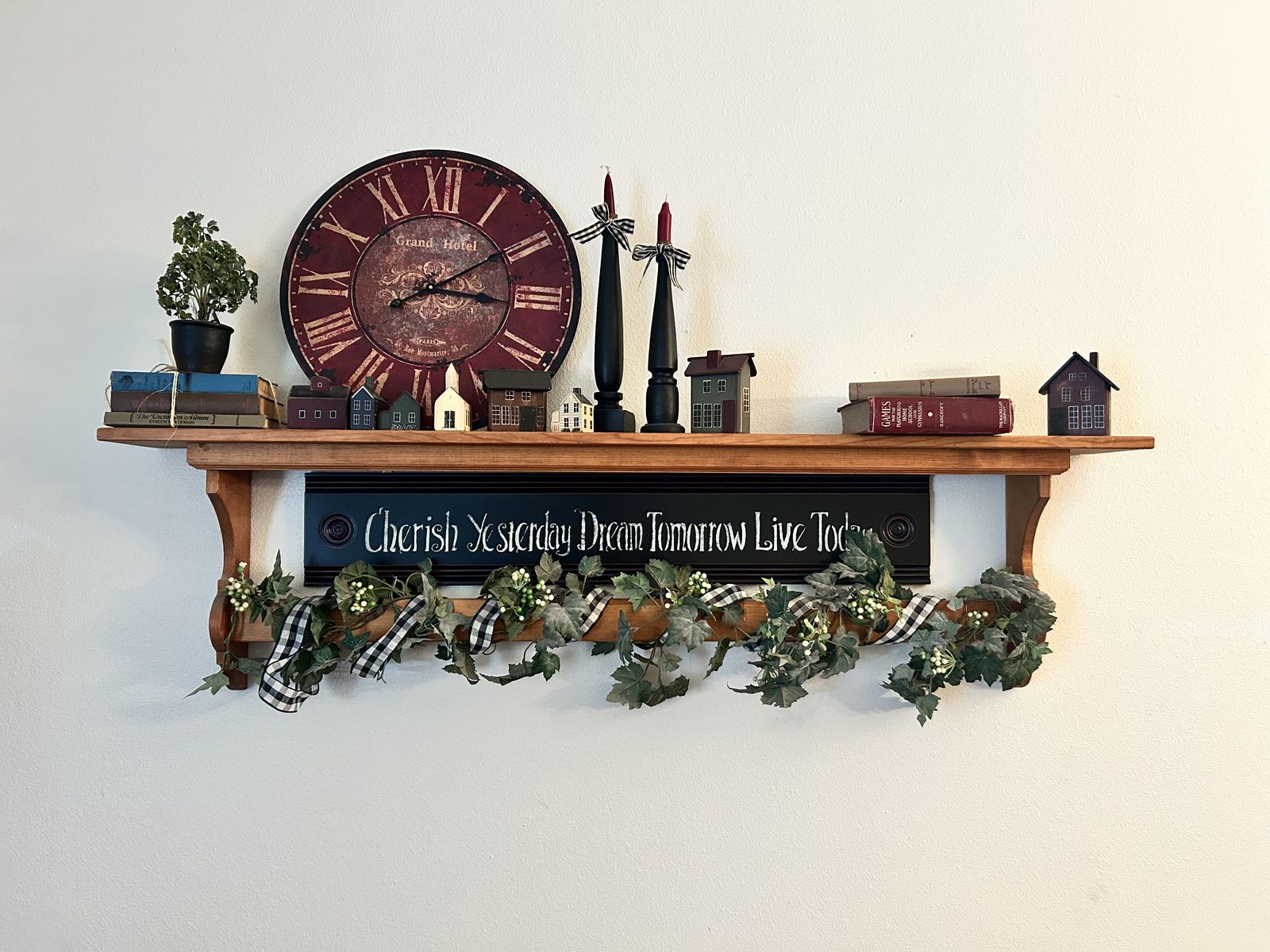 Large Farmhouse Style Wall Shelf Decor Set with Grand Hotel Clock and Village Houses