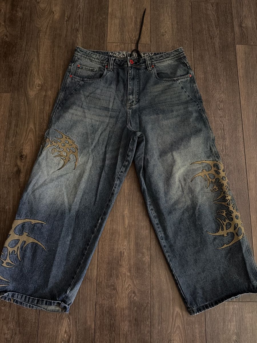 Vitriol Blue Denim Tribal Graphic Baggy Skater Jeans Men's Size 34