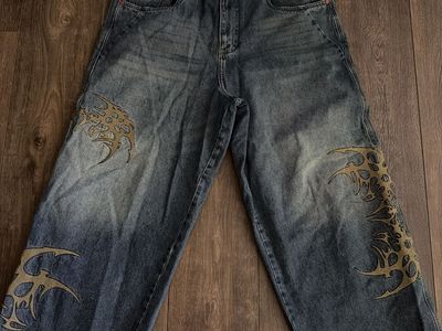 Vitriol Blue Denim Tribal Graphic Baggy Skater Jeans Men's Size 34