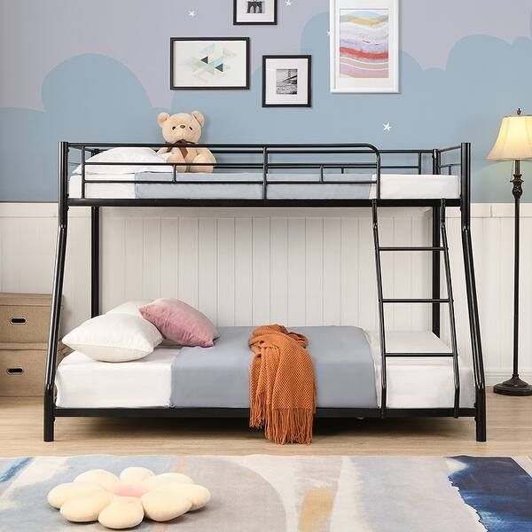 Metal Loft Bunk Bed - Twin Over Full Size, Black, Safety Guardrails and Ladder Included