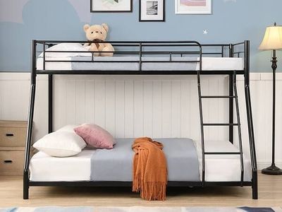 Metal Loft Bunk Bed - Twin Over Full Size, Black, Safety Guardrails and Ladder Included