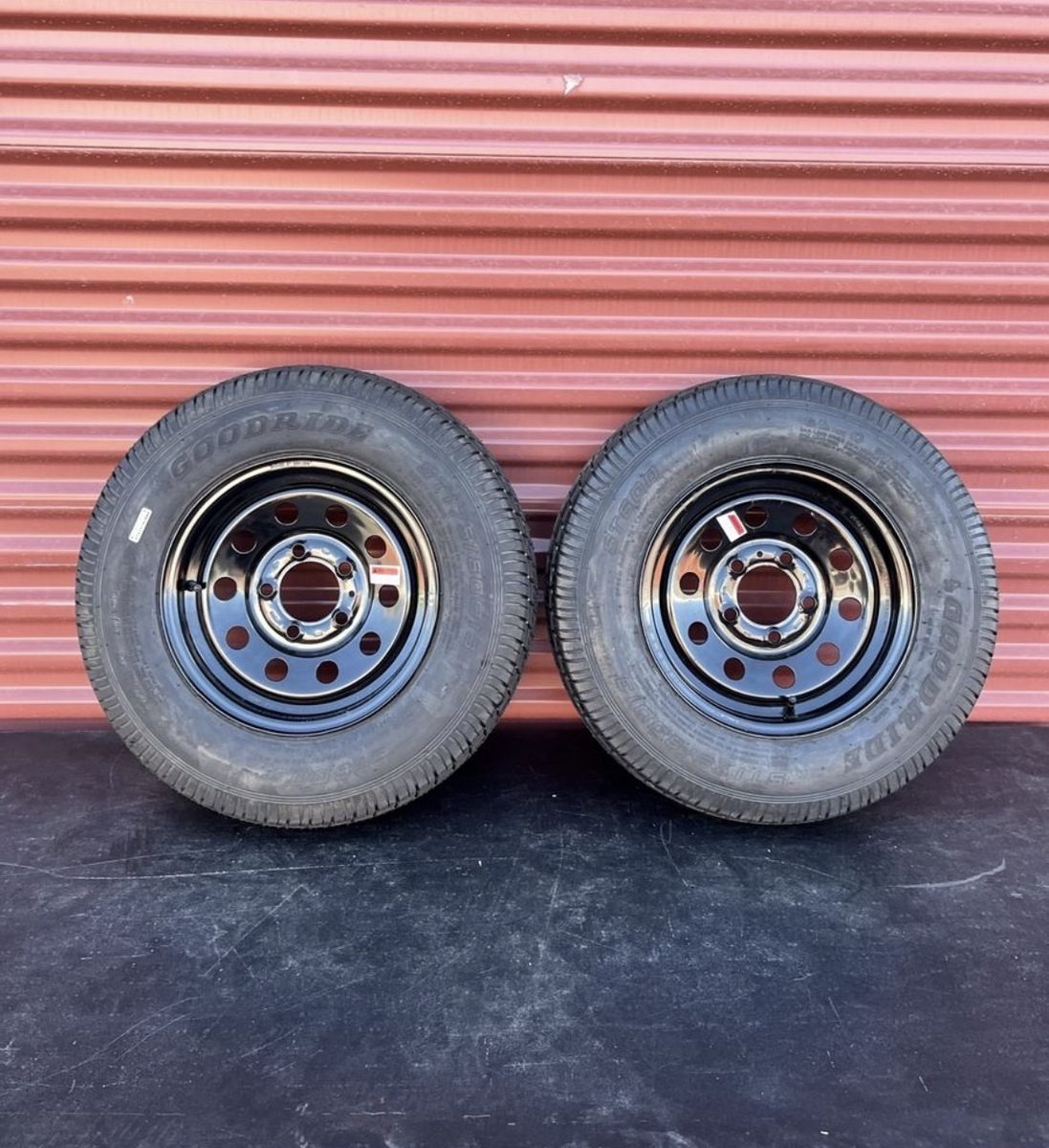 New Set of 2 Good Ride ST 175/80 D 13 Trailer Tires Mounted on New Black Mod Wheels Brand New    5 on 4.5 Pattern