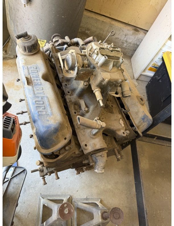 Vintage Ford V8 302 Engine Block with Carburetor - "POWER BY FORD" Valve Covers